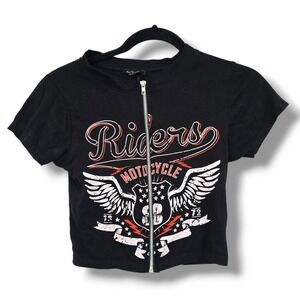 Ruby Lace Black Motorcycle Graphic Cropped Zip Front T Shirt Women's Size S